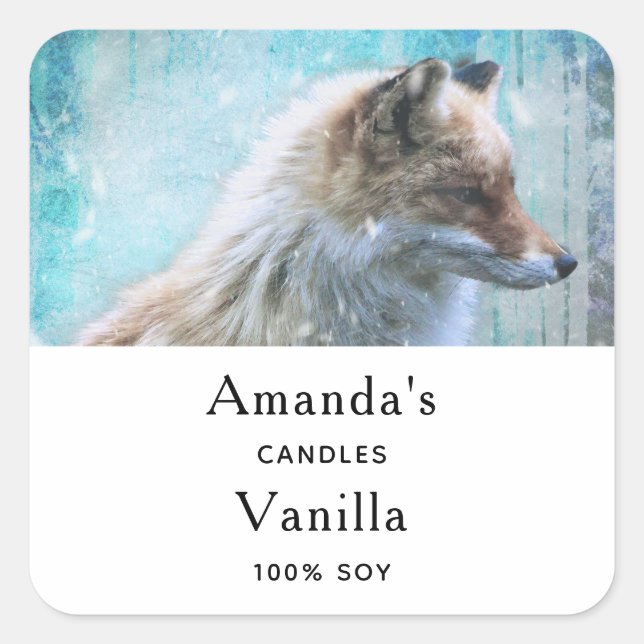 Cute Furry Fox on Blue Grunge Back Candle Business Square Sticker (Front)