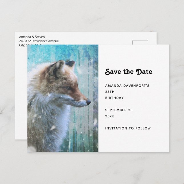 Cute Furry Fox on Blue Grunge Background Announcement Postcard (Front/Back)