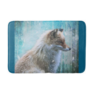 Cute Furry Fox on Blue Grunge Background Bath Mat