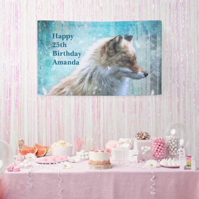 Cute Furry Fox on Blue Grunge Background Birthday Banner (Party)