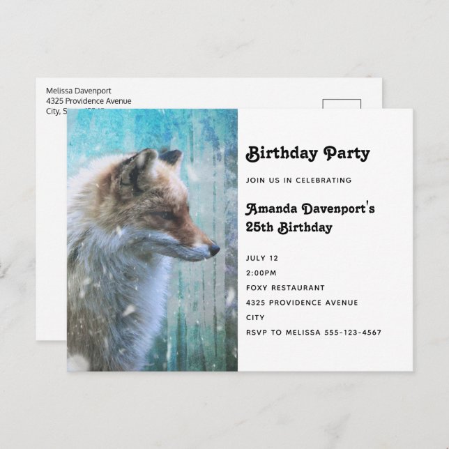 Cute Furry Fox on Blue Grunge Background Birthday Invitation Postcard (Front/Back)