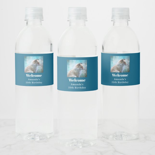 Cute Furry Fox on Blue Grunge Background Birthday Water Bottle Label (Bottles)