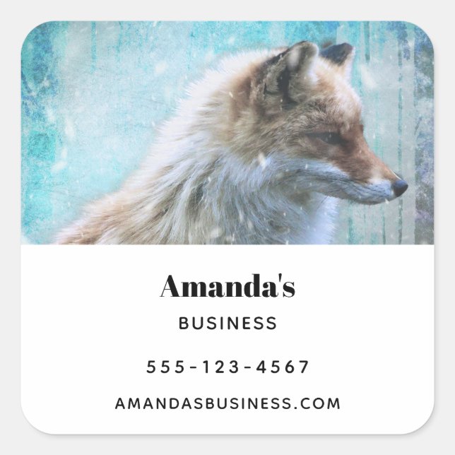 Cute Furry Fox on Blue Grunge Background Business Square Sticker (Front)