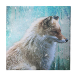 Cute Furry Fox on Blue Grunge Background Ceramic Tile