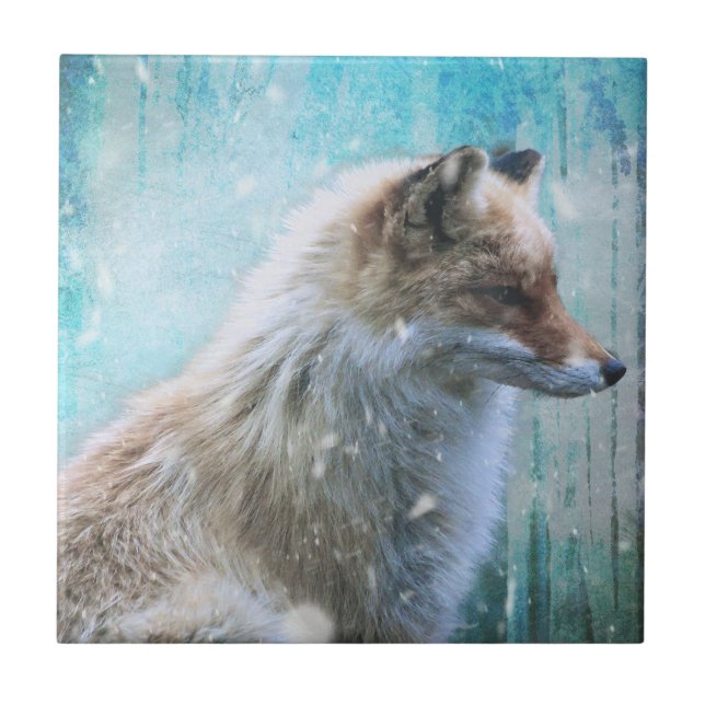 Cute Furry Fox on Blue Grunge Background Ceramic Tile (Front)