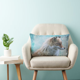 Cute Furry Fox on Blue Grunge Background Lumbar Cushion