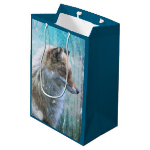 Cute Furry Fox on Blue Grunge Background Medium Gift Bag