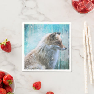 Cute Furry Fox on Blue Grunge Background Napkin
