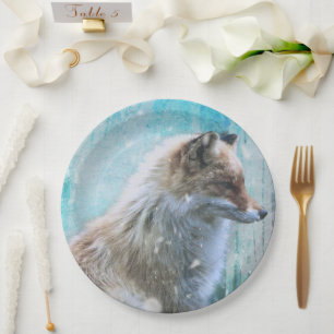 Cute Furry Fox on Blue Grunge Background Paper Plate