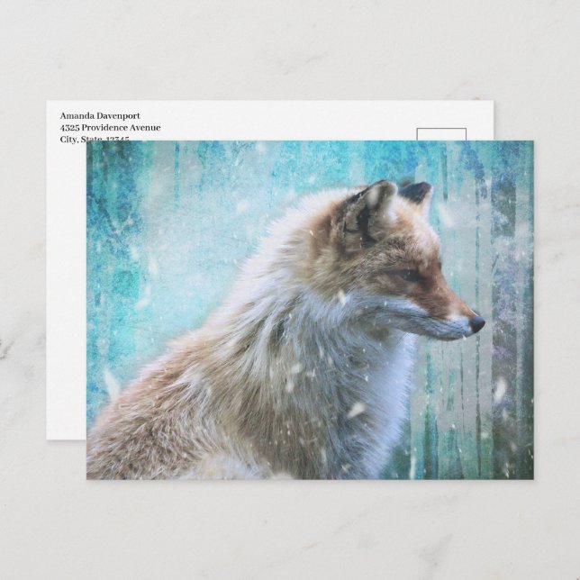 Cute Furry Fox on Blue Grunge Background Postcard (Front/Back)