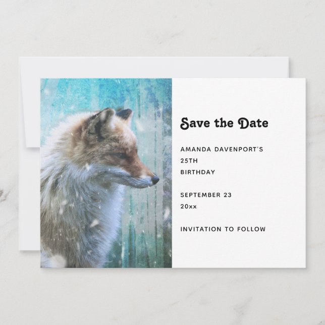 Cute Furry Fox on Blue Grunge Background Save The Date (Front)