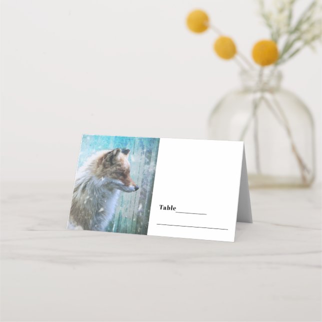 Cute Furry Fox on Blue Grunge Background Table Place Card (Front)