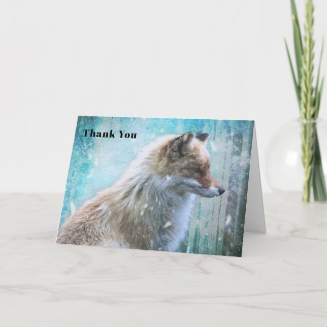 Cute Furry Fox on Blue Grunge Background Thank You Card (Front)