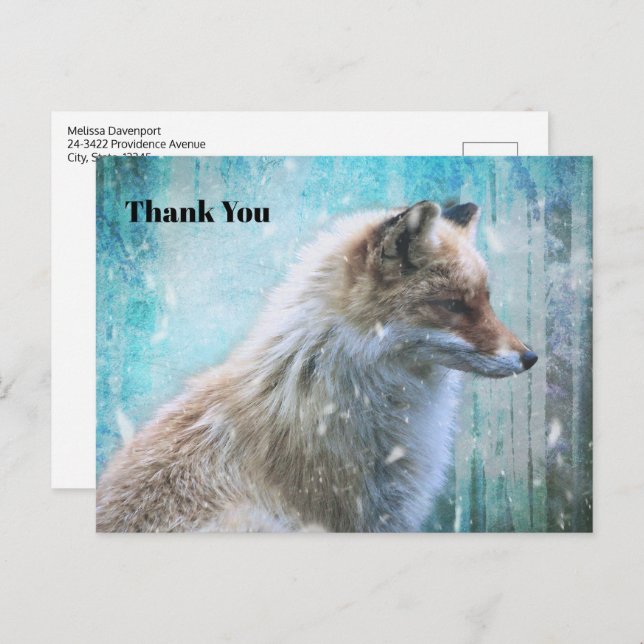 Cute Furry Fox on Blue Grunge Background Thank You Postcard (Front/Back)