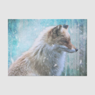 Cute Furry Fox on Blue Grunge Background Tissue Paper
