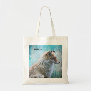 Cute Furry Fox on Blue Grunge Background Tote Bag