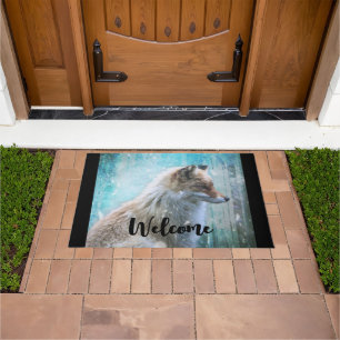 Cute Furry Fox on Blue Grunge Background Welcome Doormat