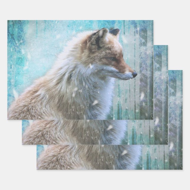 Cute Furry Fox on Blue Grunge Background Wrapping Paper Sheet (Set)