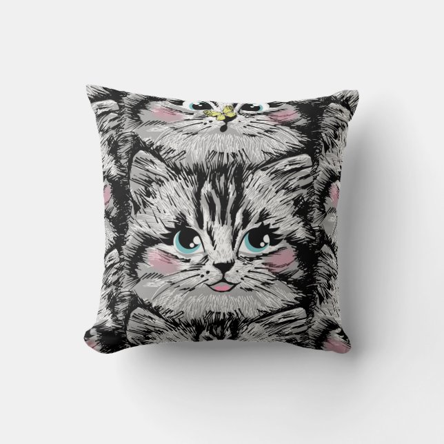 Cute furry kitten face seamless pattern. Illustrat Cushion (Front)