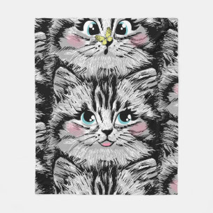 Cute furry kitten face seamless pattern. Illustrat Fleece Blanket