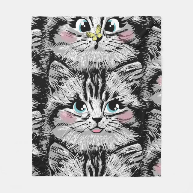 Cute furry kitten face seamless pattern. Illustrat Fleece Blanket (Front)