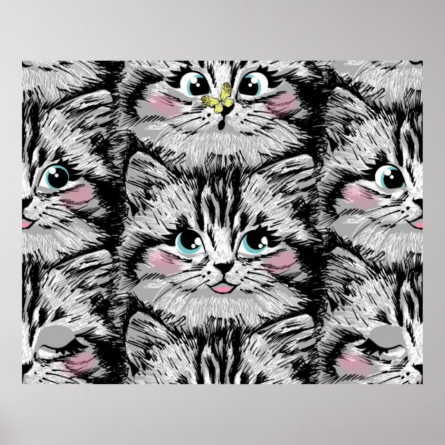 Cute furry kitten face seamless pattern. Illustrat Poster (Front)