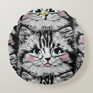 Cute furry kitten face seamless pattern. Illustrat Round Cushion