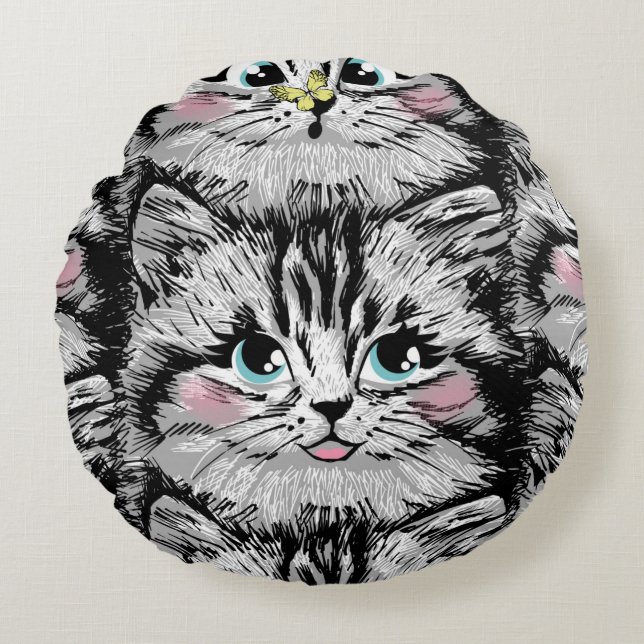 Cute furry kitten face seamless pattern. Illustrat Round Cushion (Front)