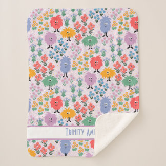Cute Furry Monsters in a Flowering Meadow Sherpa Blanket