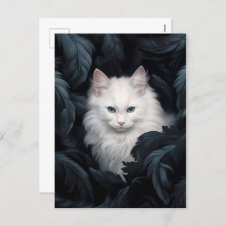 Cute Furry White Cat Sitting Among The Leaves Holiday Postcard