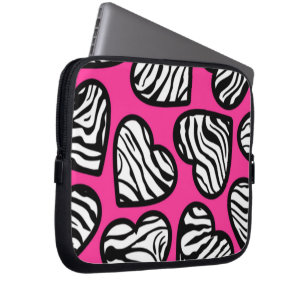 Cute fuschia pink black white zebra pattern heart  laptop sleeve