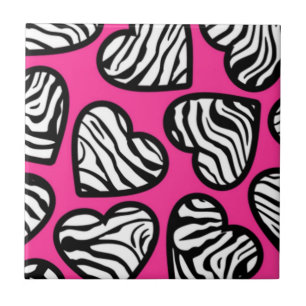 Cute fuschia pink black white zebra pattern heart  tile