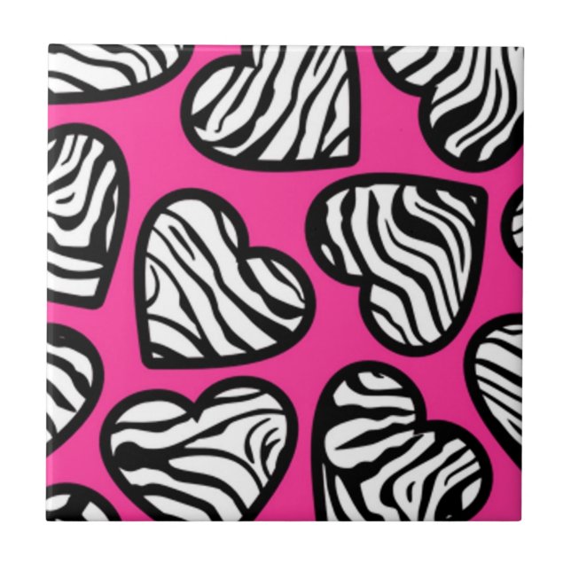 Cute fuschia pink black white zebra pattern heart  tile (Front)