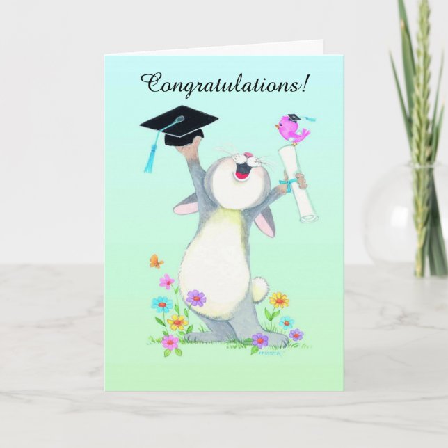 Cute fuzzy bunny cap graduation customisable card (Front)