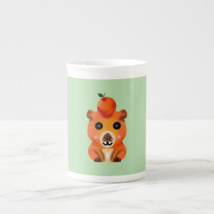 Cute Fuzzy Capybara with Orange   Kawaii Animal Ar Bone China Mug
