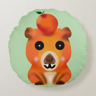 Cute Fuzzy Capybara with Orange Kawaii Animal Ar Round Cushion