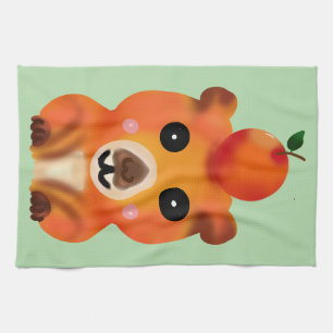 Cute Fuzzy Capybara with Orange   Kawaii Animal Ar Tea Towel