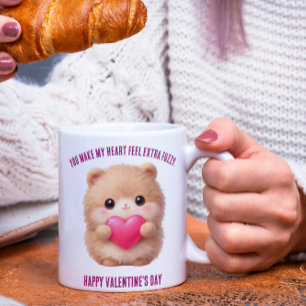 Cute Fuzzy Valentine Character Holding Heart Mug