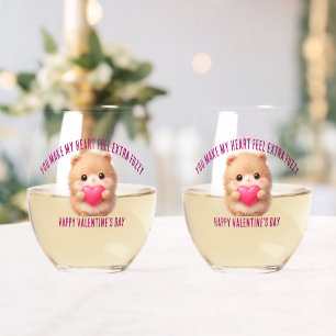 Cute Fuzzy Valentine Character Holding Heart Stemless Wine Glass