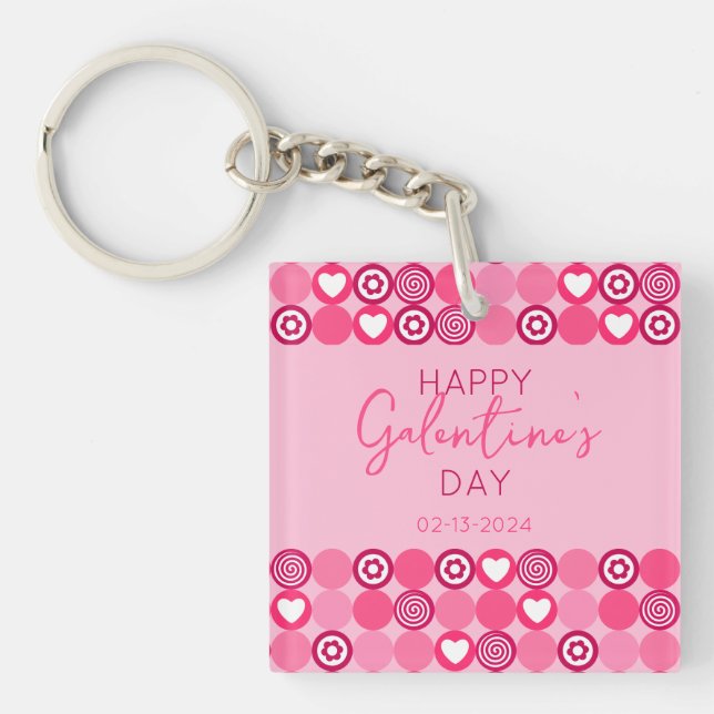 Cute Galentine’s Day Pink Heart and Flower Pattern Key Ring (Front)