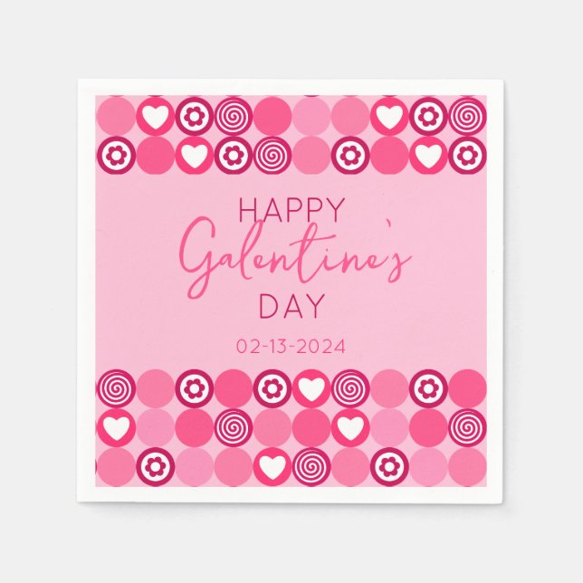 Cute Galentine’s Day Pink Heart and Flower Pattern Napkin (Front)