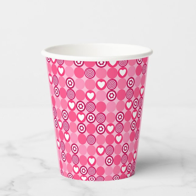 Cute Galentine’s Day Pink Heart and Flower Pattern Paper Cups (Front)