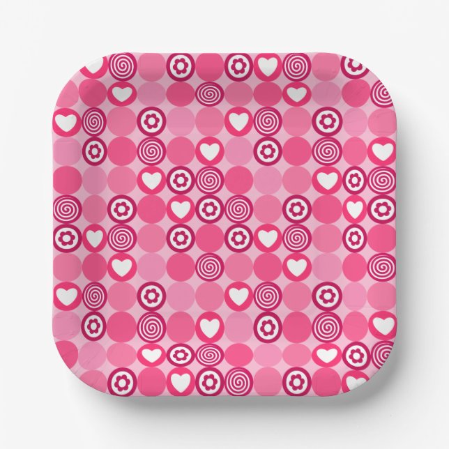 Cute Galentine’s Day Pink Heart and Flower Pattern Paper Plate (Front)