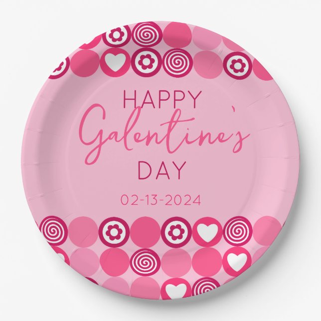 Cute Galentine’s Day Pink Heart and Flower Pattern Paper Plate (Front)