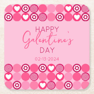 Cute Galentine’s Day Pink Heart and Flower Pattern Square Paper Coaster