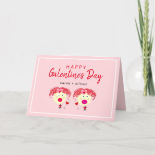 Cute Galentine's Day BFF Pink Red Heart Girl Names Holiday Card