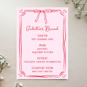 Cute Galentine's Day Brunch Pink & Red Bow Menu