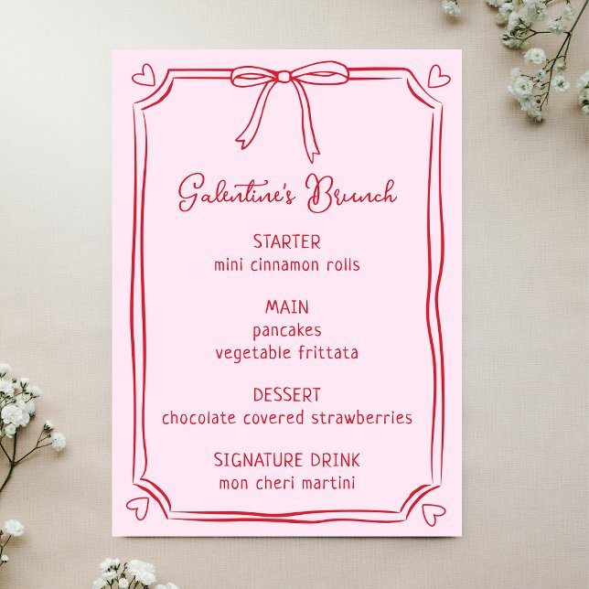 Cute Galentine's Day Brunch Pink & Red Bow Menu (Creator Uploaded)