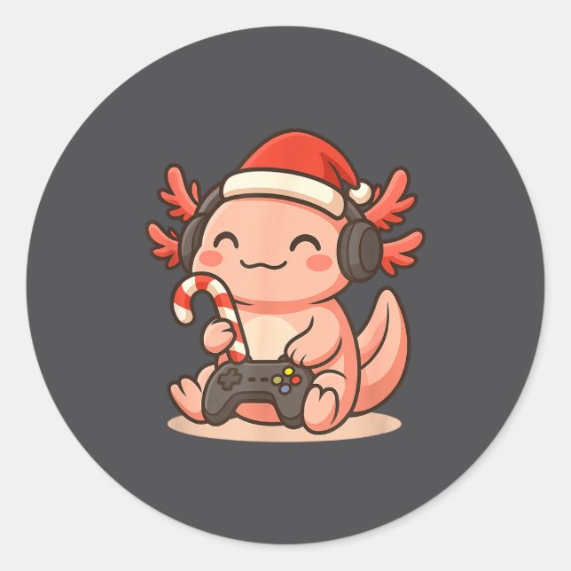 Cute Gamer Axolotl Christmas Design  Classic Round Sticker (Front)