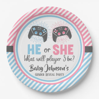 Cute Gamer Baby Gender Reveal Paper Plate